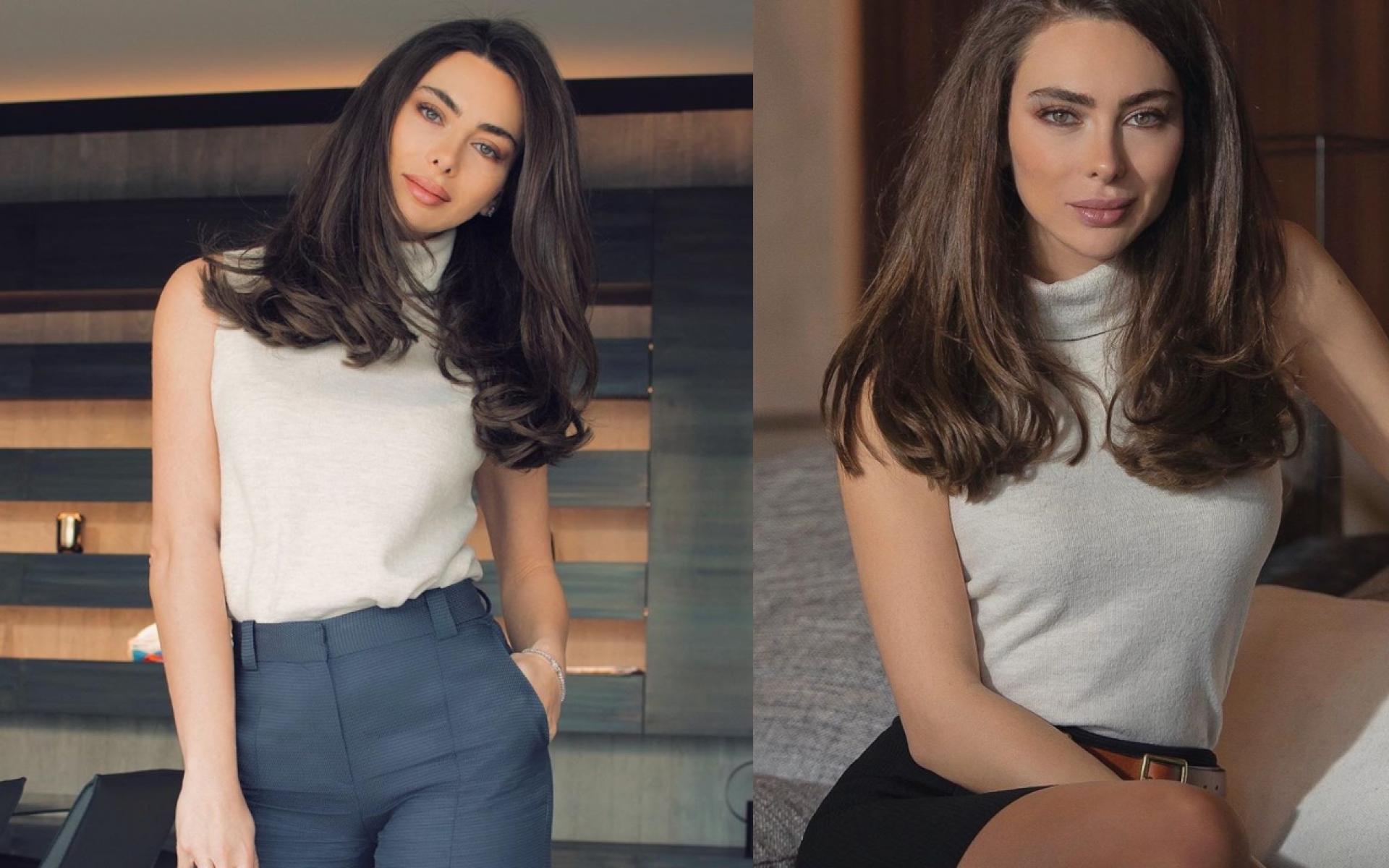 ستيفاني بنفس التوب مع تنسيق مختلف بين تنورة قصيرة وبنطلون رسمي