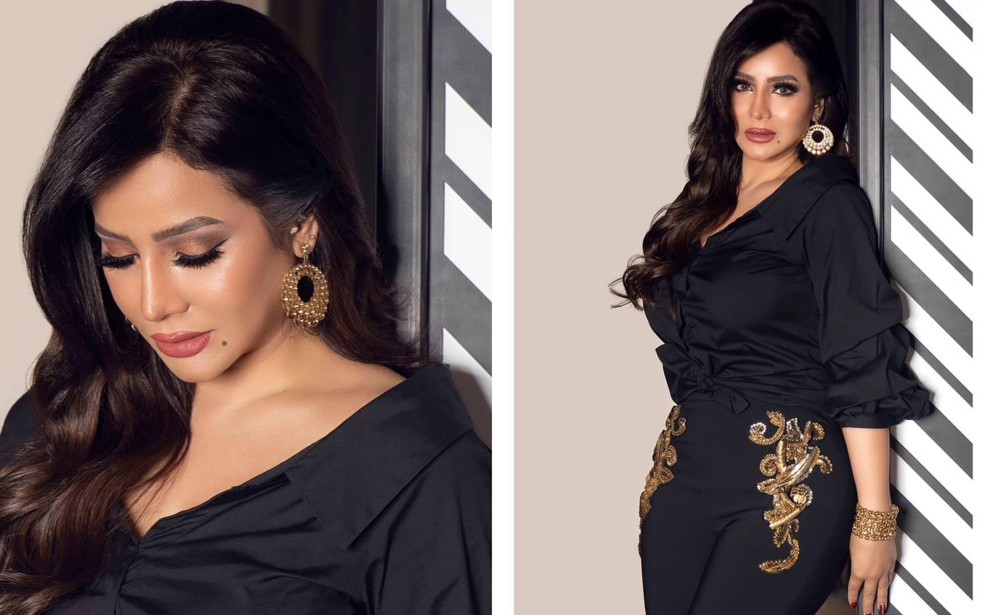 كاجول شيك مكون من بنطلون مطرز باللون الذهبي وقميص قصير بسيط مع مجوهرات ذهبية