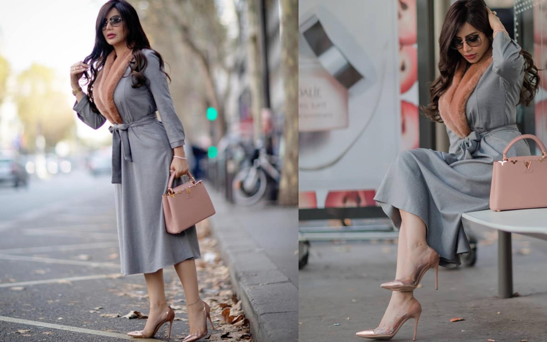 اختارت لجين إطلالة شتوية راقية بالجكيت المصمم على شكل فستان